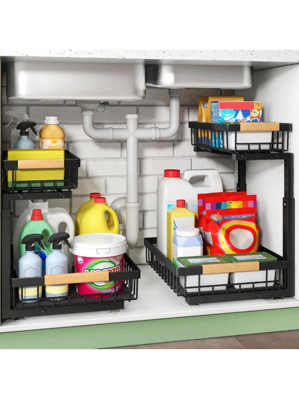 2-Tier Under Sink Organizer - Pull-Out Cabinet Storage Shelves for Kitchen